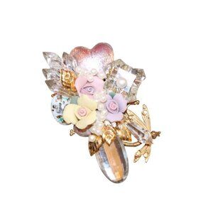 Vintage Floral Brooch With Crystals & Pastel Roses By Blue Boutiques 1949